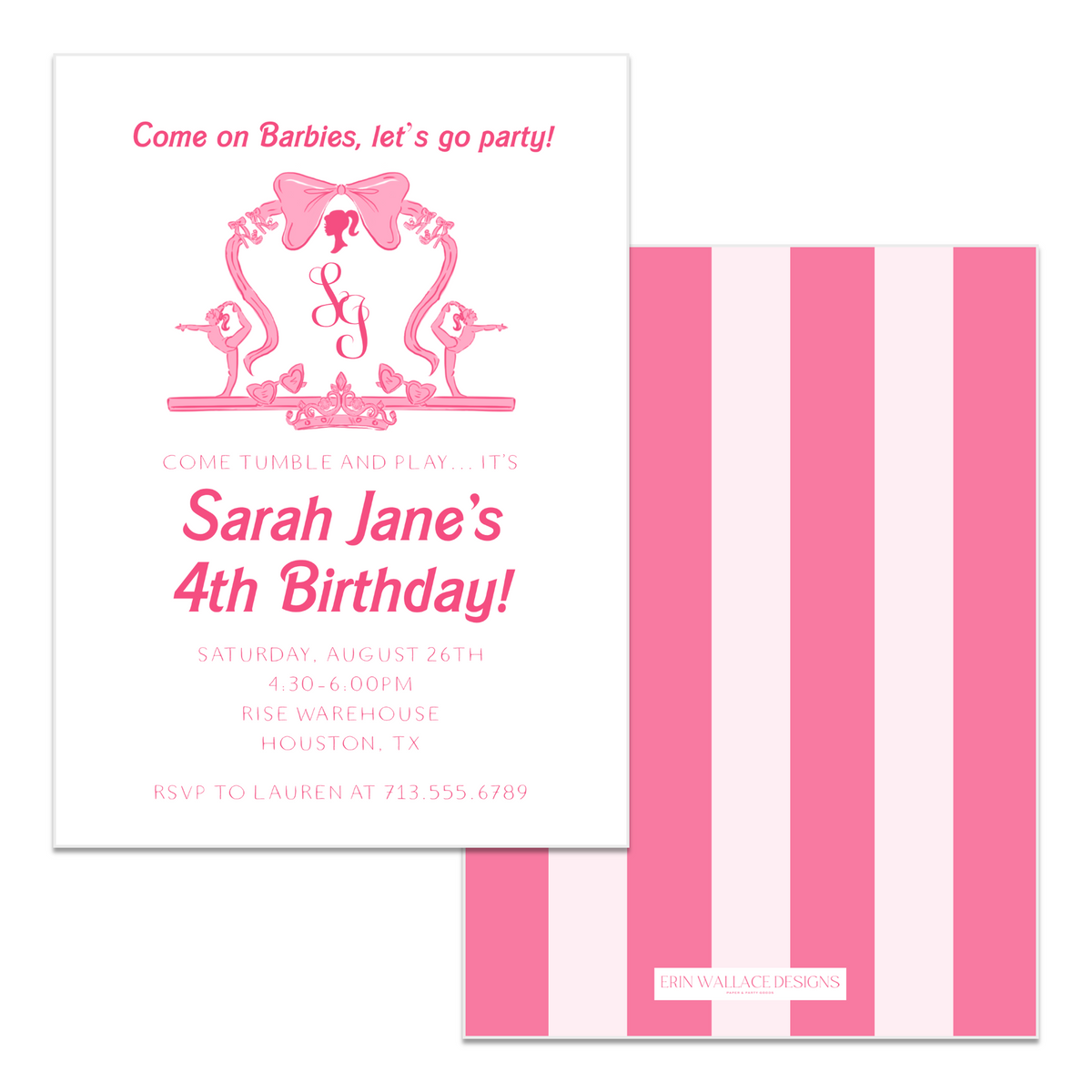 Barbie Tumbling Party Birthday Invitations