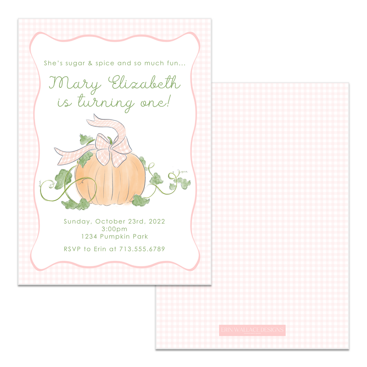 Gingham Bow Pumpkin Birthday Invitations