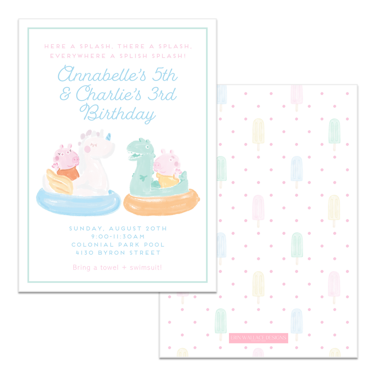 Peppa Pool Party Birthday Invitations