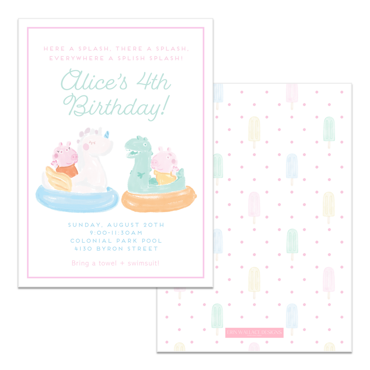 Peppa Pool Party Birthday Invitations