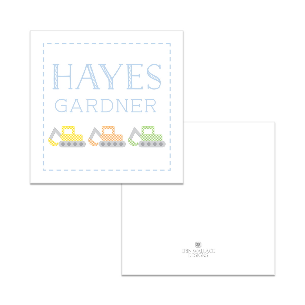 Boys Gingham Bulldozers Enclosure Cards or Gift Tags