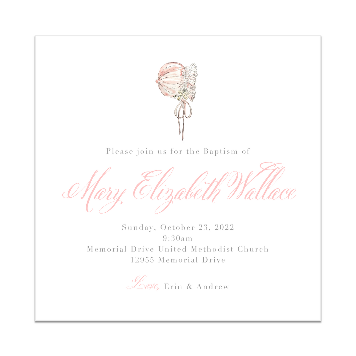 Watercolor Bonnet Baptism Invitation